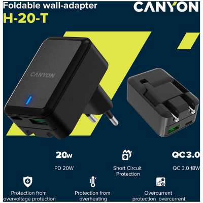 Canyon, PD 20W/QC3.0 18W WALL Charger with 1-USB A+ 1-USB-C, folding, EU plug